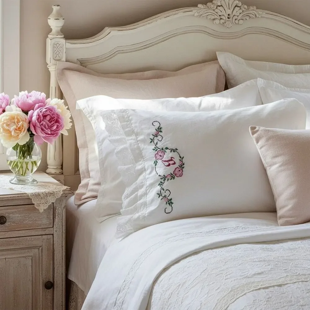 Vintage Embroidered Monogram B Pillowcase-Lace Edge-Cottagecore-Standard White